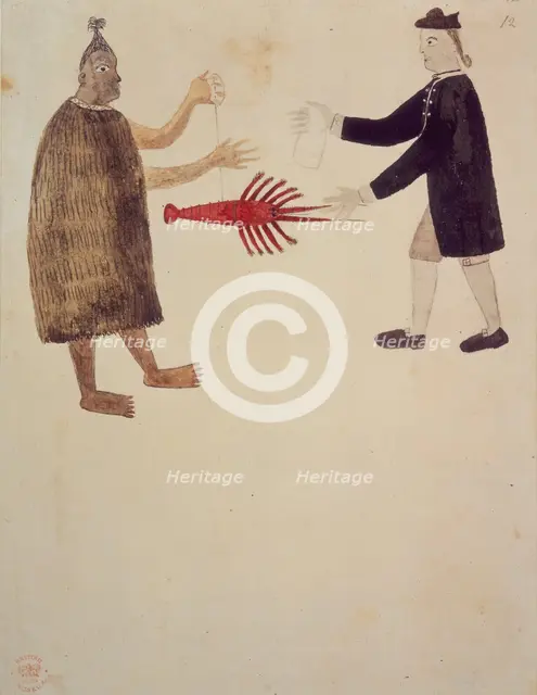 A Maori bartering a crayfish with an English naval officer. 1769.  Creator: Sydney Parkinson.
