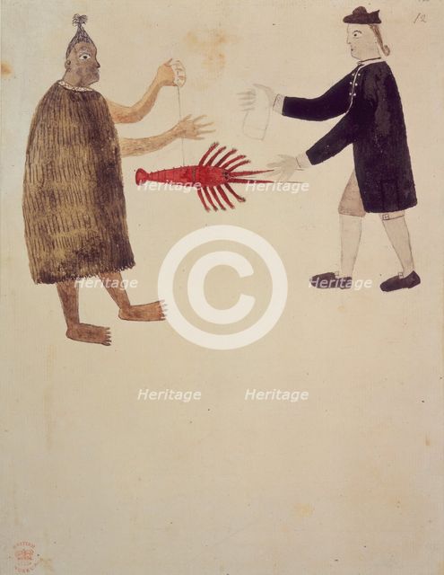 A Maori bartering a crayfish with an English naval officer. 1769.  Creator: Sydney Parkinson.