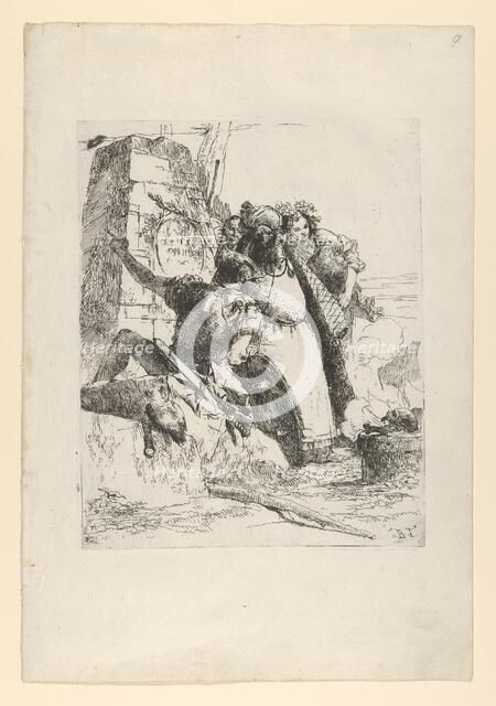 A magician, a soldier and three figures watching a burning skull from the Scherzi d..., ca. 1743-50. Creator: Giovanni Battista Tiepolo.