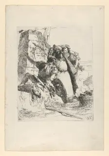 A magician, a soldier and three figures watching a burning skull from the Scherzi d..., ca. 1743-50. Creator: Giovanni Battista Tiepolo