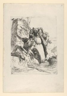 A magician, a soldier and three figures watching a burning skull from the Scherzi d..., ca. 1743-50. Creator: Giovanni Battista Tiepolo