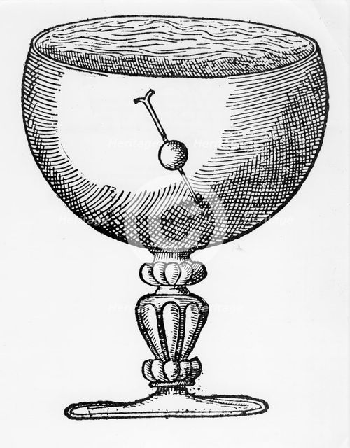 A magnetized needle pushed through a ball of cork, floating submerged in a goblet of water, 1600. Artist: Unknown