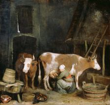 A Maid Milking a Cow in a Barn, 1652-1654. Artist: Ter Borch, Gerard, the Younger (1617-1681)