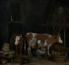 A Maid Milking a Cow in a Barn, about 1652-1654. Creator: Gerard Terborch II
