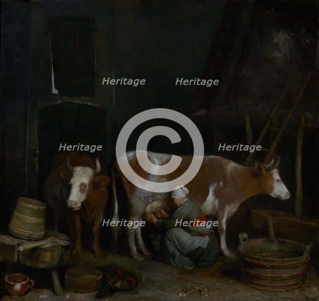 A Maid Milking a Cow in a Barn, about 1652-1654. Creator: Gerard Terborch II.