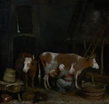 A Maid Milking a Cow in a Barn, about 1652-1654. Creator: Gerard Terborch II