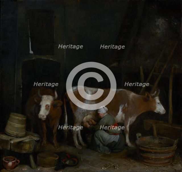 A Maid Milking a Cow in a Barn, about 1652-1654. Creator: Gerard Terborch II.