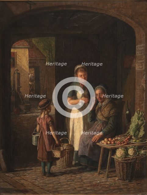 A maid shows her lover's portrait to a vegetable-seller, 1880. Creator: David Monies.