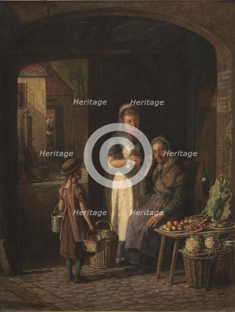 A maid shows her lover's portrait to a vegetable-seller, 1880. Creator: David Monies.