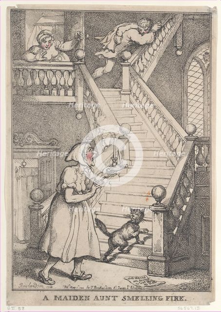 A Maiden Aunt Smelling Fire, [May 1, 1806], reissued May 1,..., [May 1, 1806], reissued May 1, 1812. Creator: Thomas Rowlandson.