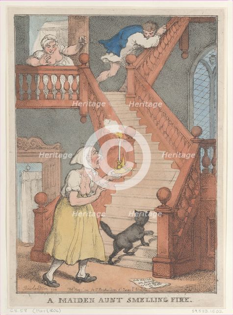 A Maiden Aunt Smelling Fire, [May 1, 1806], reissued May 1,..., [May 1, 1806], reissued May 1, 1812. Creator: Thomas Rowlandson.