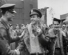 A Male Pilot Shaking Hands with an Officer, 1943-1944. Creator: British Pathe Ltd