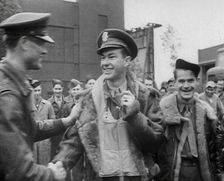A Male Pilot Shaking Hands with an Officer, 1943-1944. Creator: British Pathe Ltd