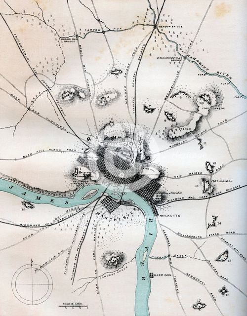 A map of Richmond and its vicinity showing all batteries, 1862-1867.Artist: W Kemble