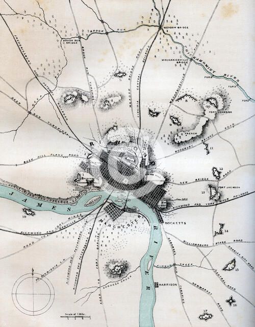 A map of Richmond and its vicinity showing all batteries, 1862-1867.Artist: W Kemble