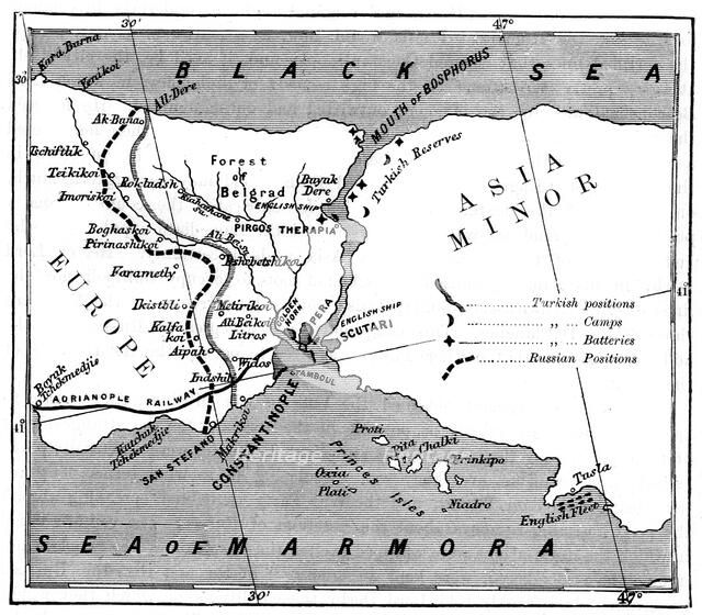 A map showing the positions of Russian and Turkish lines outside Constantinople, 1900. Artist: Unknown
