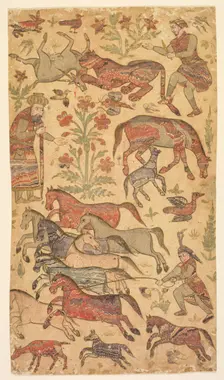 A marbled picture of Rustam catching Rakhsh, c. 1650. Creator: Shafi (Indian, active about 1650), attributed to