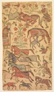 A marbled picture of Rustam catching Rakhsh, c. 1650. Creator: Shafi (Indian, active about 1650), attributed to