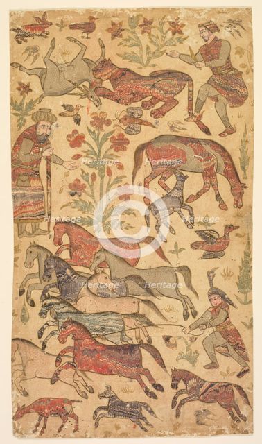 A marbled picture of Rustam catching Rakhsh, c. 1650. Creator: Shafi (Indian, active about 1650), attributed to.