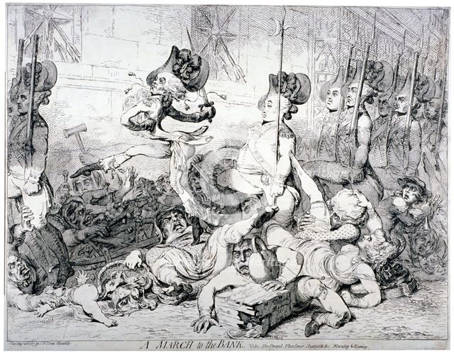 'A march to the Bank, vide the Strand, Fleet Street, Cheapside &c morning & evening', 1787.          Artist: James Gillray