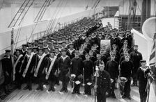 A marching out battalion parade on board the training ship HMS Lion 1896. Artist: WM Crockett