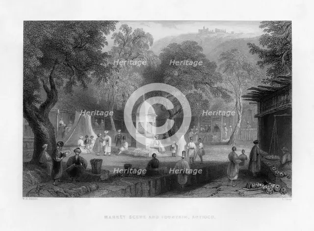 A market scene and a fountain in Antioch, Turkey, 1841.Artist: S Lacey