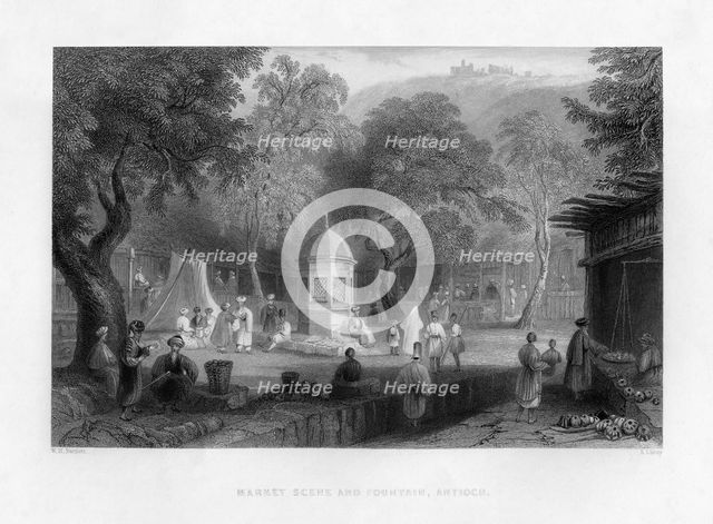 A market scene and a fountain in Antioch, Turkey, 1841.Artist: S Lacey