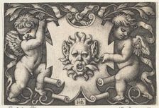 A Mask on an Escutcheon Supported by Two Genii, 1544. Creator: Sebald Beham