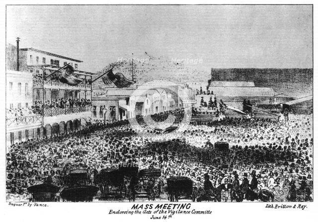 A mass meeting outside Fort Vigilant, Sacramento, California, 1856 (1937).Artist: Britton & Rey