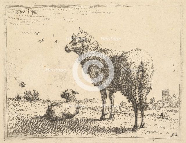A mature sheep in three-quarters view standing and looking left, beside it a lamb lies..., ca. 1655. Creator: Karel Du Jardin.