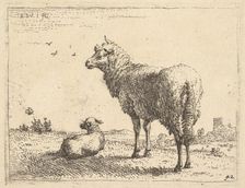 A mature sheep in three-quarters view standing and looking left, beside it a lamb lies..., ca. 1655. Creator: Karel Du Jardin
