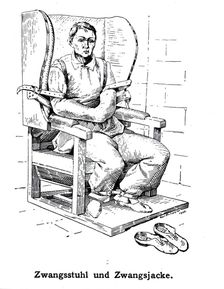 A mental ill patient in a straight jacket and strapped into a chair, 1908. Creator: Unknown