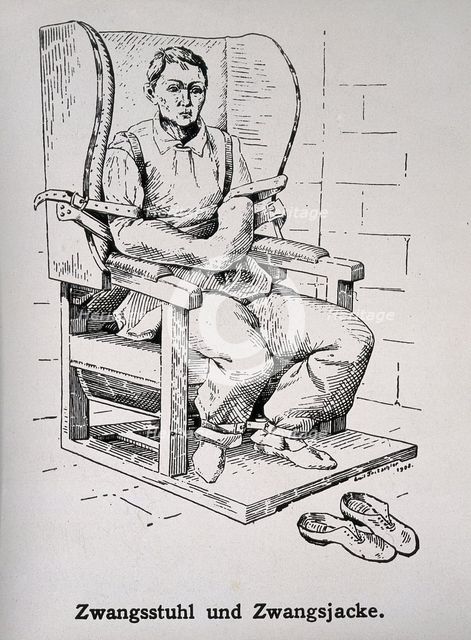 A mental ill patient in a straight jacket and strapped into a chair, 1908. Creator: Unknown.
