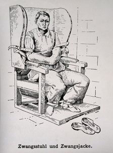 A mental ill patient in a straight jacket and strapped into a chair, 1908. Creator: Unknown
