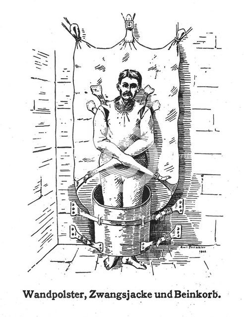 A mentally ill patient in a strait-jacket attached to the wall and a strange barrel..., 1908. Creator: Unknown.
