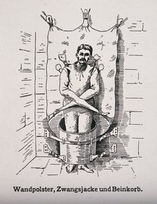 A mentally ill patient in a strait-jacket attached to the wall and a strange barrel shaped..., 1908. Creator: Unknown