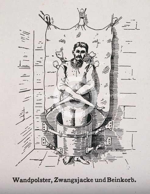 A mentally ill patient in a strait-jacket attached to the wall and a strange barrel shaped..., 1908. Creator: Unknown.