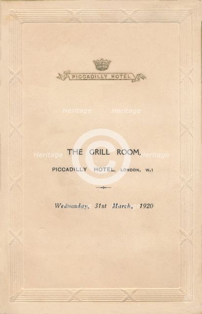 A menu for The Grill Room of the Piccadilly Hotel, London, 1920. Artist: Unknown.