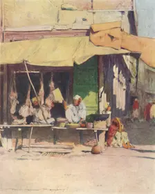 A Meat Shop in Peshawur 1905. Artist: Mortimer Luddington Menpes