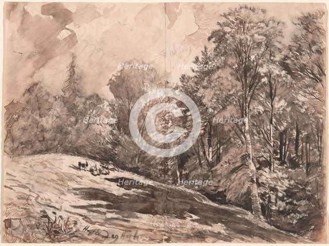 A Meadow with a Shepherd and Goats at the Edge of a Forest, 1861. Creator: Carl Wagner.