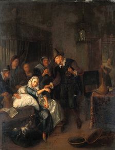 A medical practitioner taking a girl's pulse and holding a flask of her urine, with four other... Creator: Brakenburg, Richard, 1650-1702 (After)