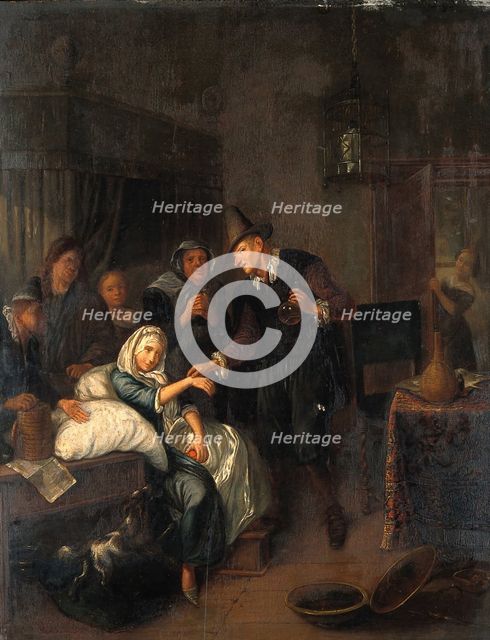 A medical practitioner taking a girl's pulse and holding a flask of her urine, with four other... Creator: Brakenburg, Richard, 1650-1702 (After).