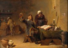 A medical practitioner examining a urine flask, c1680s. Creator: Follower of David Teniers II