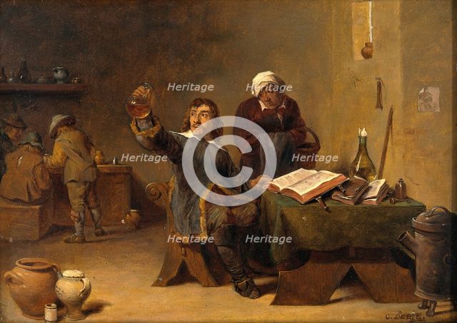 A medical practitioner examining a urine flask, c1680s. Creator: Follower of David Teniers II.