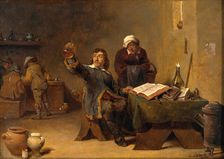 A medical practitioner examining a urine flask, c1680s. Creator: Follower of David Teniers II