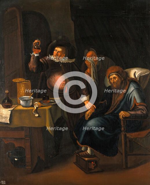 A medical practitioner examining the urine and taking the pulse of an elderly man. Creator: Jan Steen.