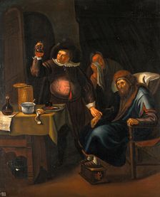 A medical practitioner examining the urine and taking the pulse of an elderly man. Creator: Jan Steen