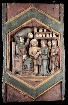 A medical practitioner examining urine brought by his patients. Painted relief after Nino Pisano.. Creator: Pisano, Nino, approximately 1315-approximately 1368 (After)