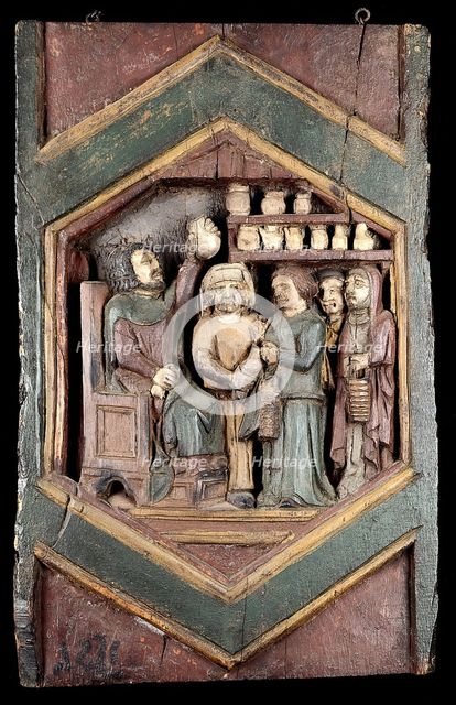 A medical practitioner examining urine brought by his patients. Painted relief after Nino Pisano.. Creator: Pisano, Nino, approximately 1315-approximately 1368 (After).
