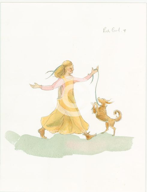 A medieval woman playing with a dog, 2004. Creator: Judith Dobie.